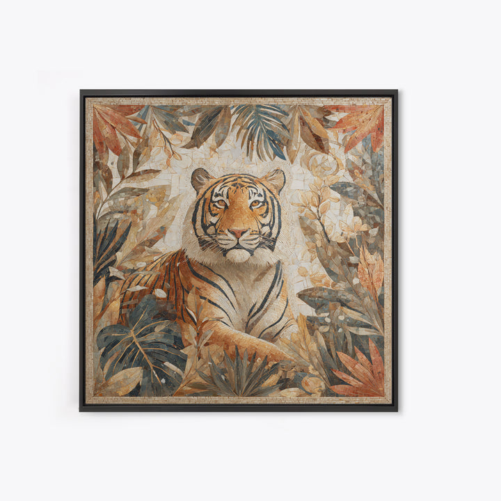Bold Patterned Tiger Surrounded by Tropical Leaves Canvas Print, Maximalist Art, Textured Painting, Living Room Decor, Maximal, MAX-1x1-98