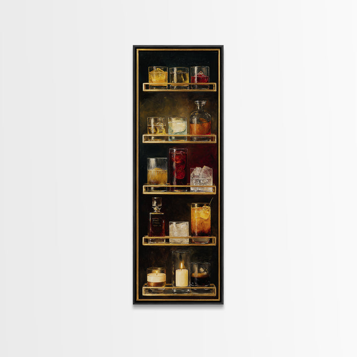 Retro Maximalist Cocktail Still Life Framed Canvas Print, Maximalist Art, Leopard Print, Living Room Decor, Oil Painting, MAX-1x3-54