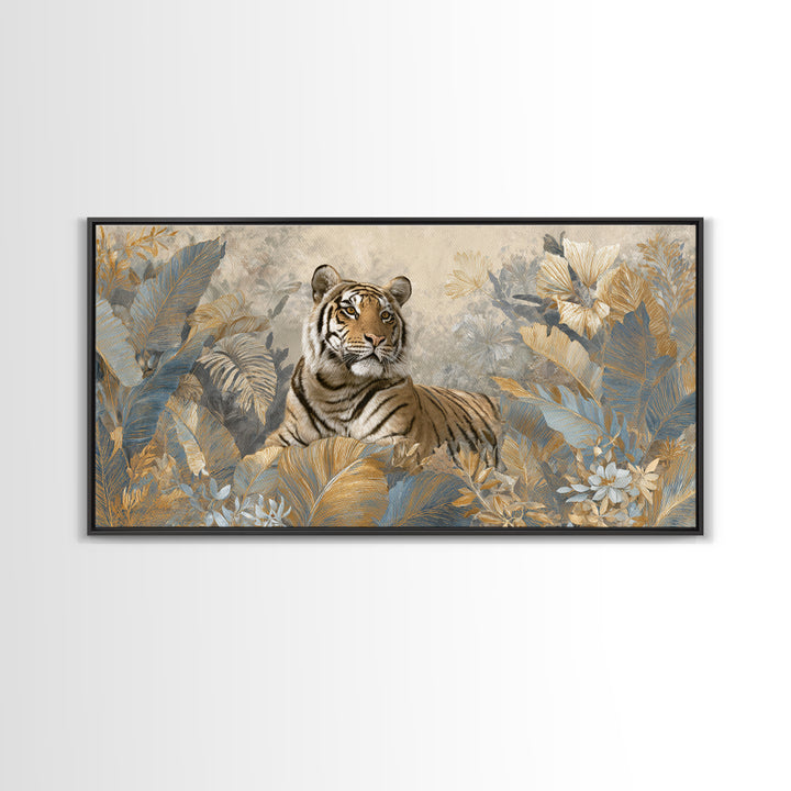 Bold Patterned Tiger Surrounded by Tropical Leaves Canvas Print, Maximalist Art, Textured Painting, Living Room Decor, Maximal, MAX-2x1-22