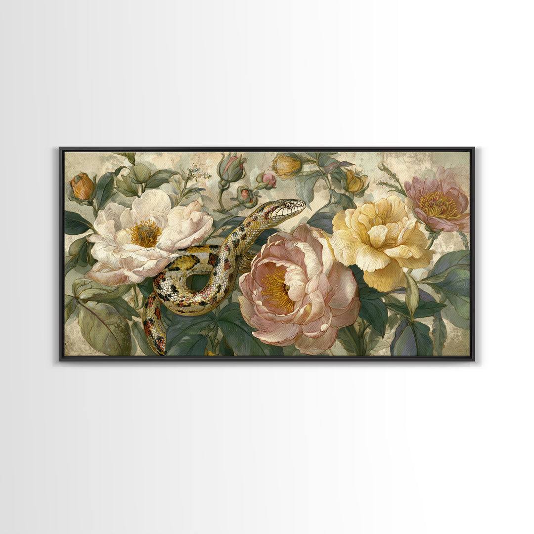 Highly Patterned Snake and Flower Composition Canvas Print, Maximalist Art, Living Room Decor, Maximal, Retro Wall Art, MAX-2x1-33