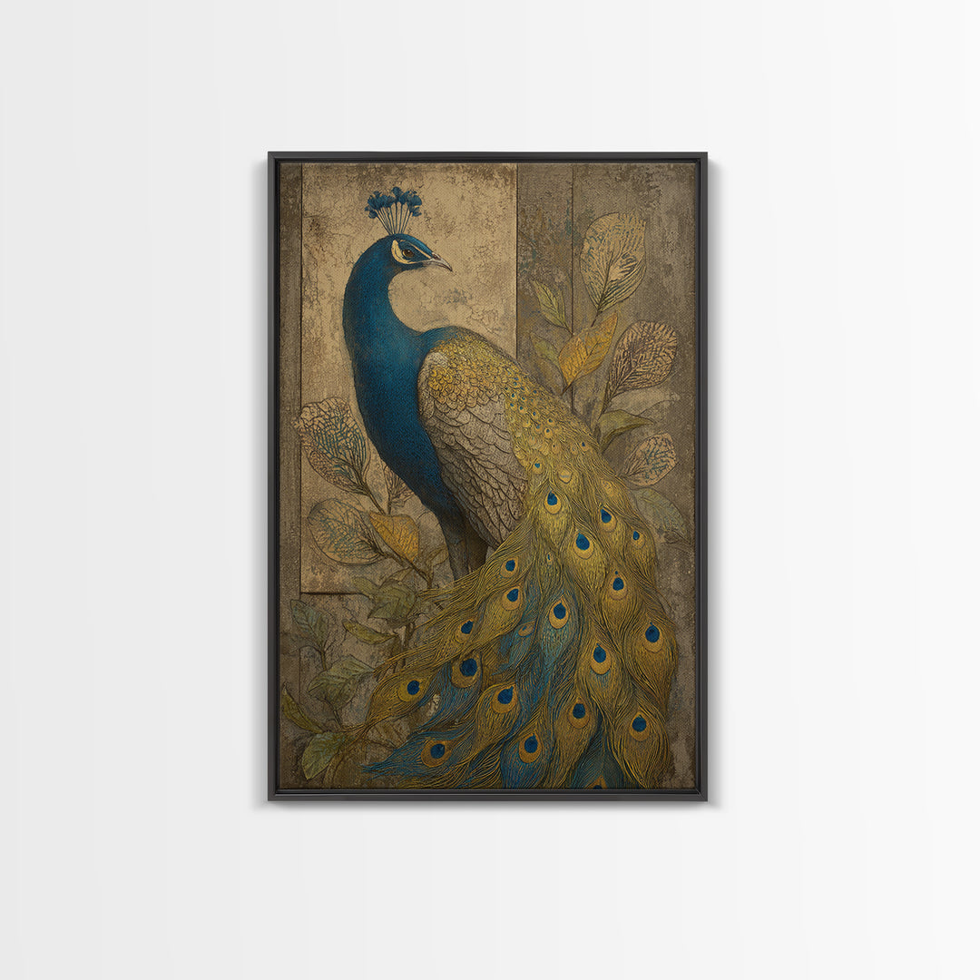 Dramatic Peacock with Oversized Feather Pattern Canvas Print, Maximalist Art, Gallery Decor, Living Room Decor, Maximal, MAX-2x3-16