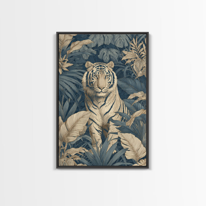 Bold Patterned Tiger Surrounded by Tropical Leaves Framed Canvas Print, Maximalist Art, Art Print, Living Room Decor, Maximal, MAX-2x3-34