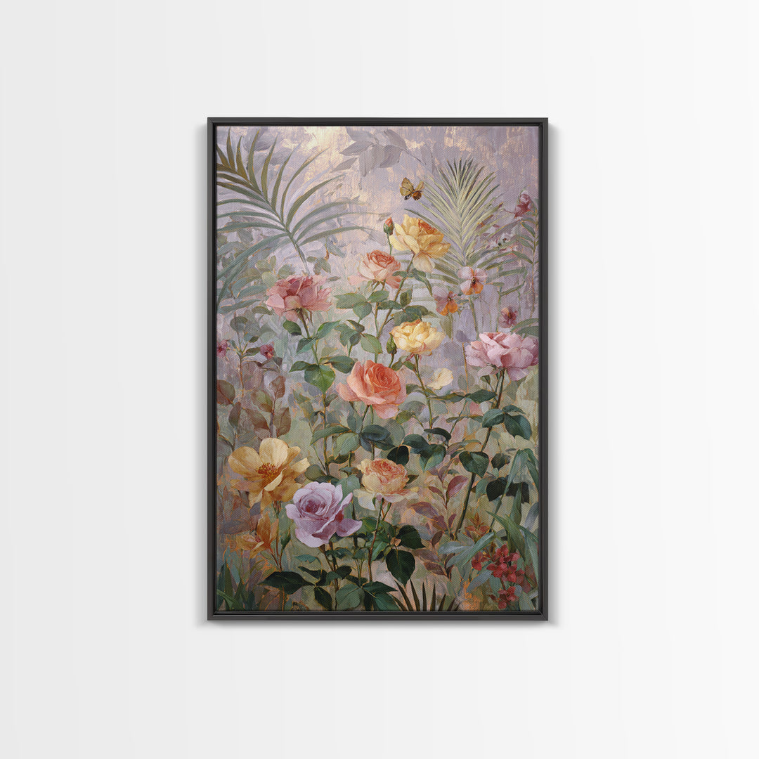 Lush Garden Wall of Roses Palms and Framed Canvas Print, Maximalist Art, Wall Decor, Living Room Decor, Fine Art, Maximal, MAX-2x3-46
