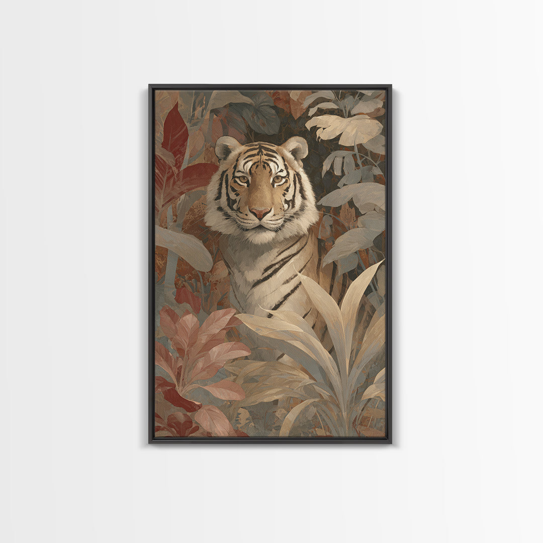 Bold Patterned Tiger Surrounded by Tropical Leaves Canvas Print, Maximalist Art, Art Nouveau, Living Room Decor, Maximal, MAX-2x3-58