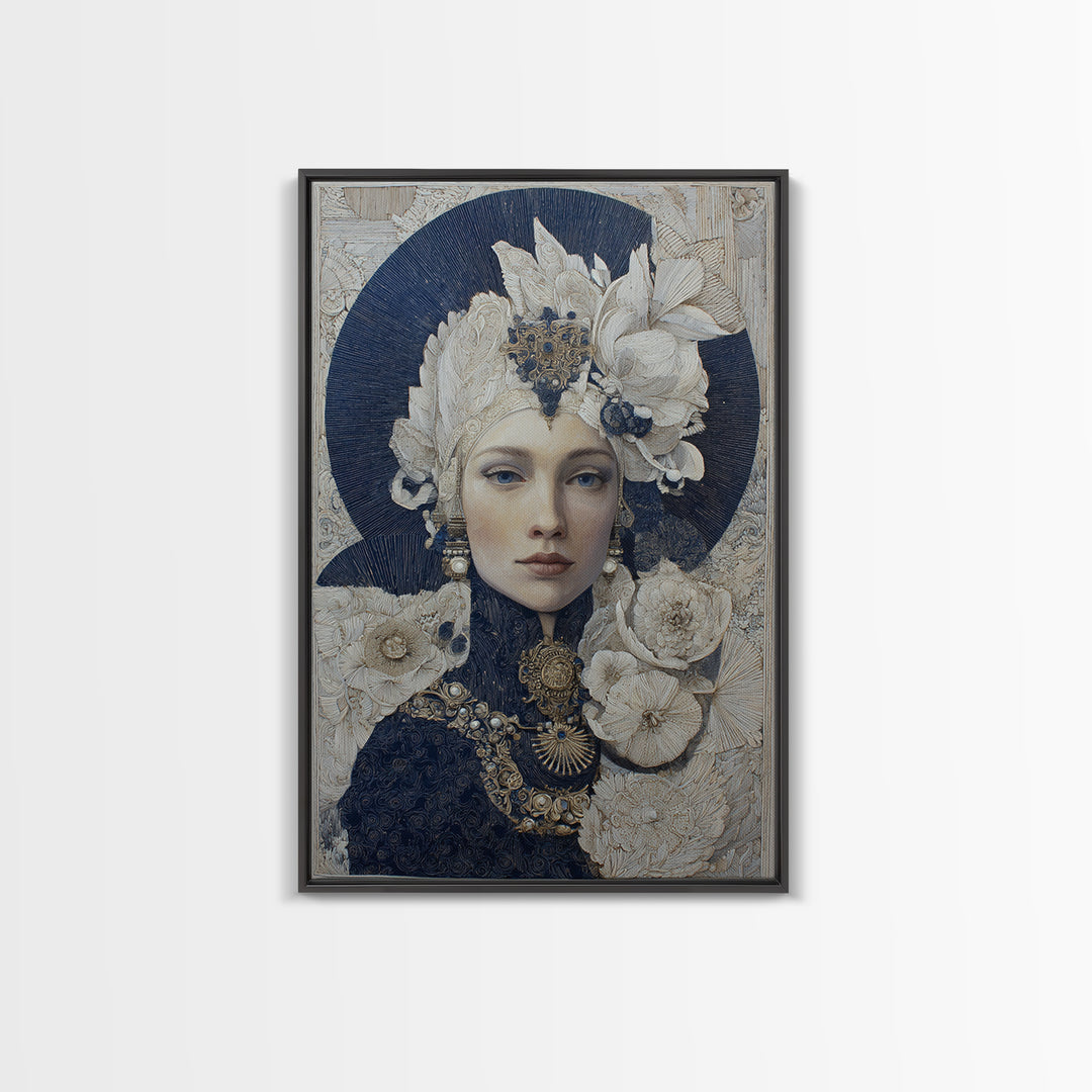 Ornate Portrait with Layered Textiles and Jewels Framed Canvas Print, Maximalist Art, Modern Decor, Living Room Decor, Maximal, MAX-2x3-84