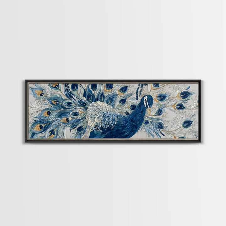 Dramatic Peacock with Oversized Feather Pattern Canvas Print, Maximalist Art, Moody Wall Art, Living Room Decor, Maximal, MAX-3x1-24