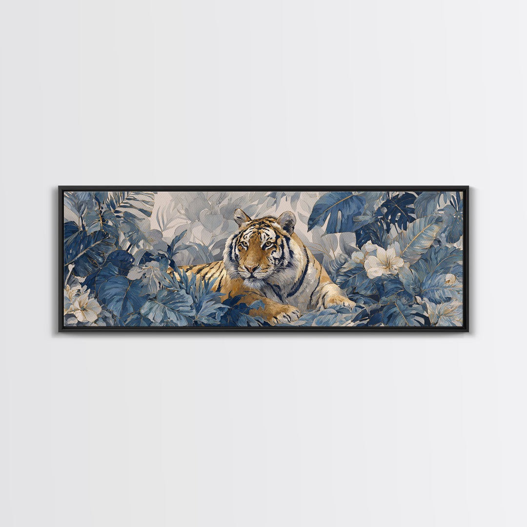 Bold Patterned Tiger Surrounded by Tropical Leaves Canvas Print, Maximalist Art, Playroom Decor, Living Room Decor, Maximal, MAX-3x1-90