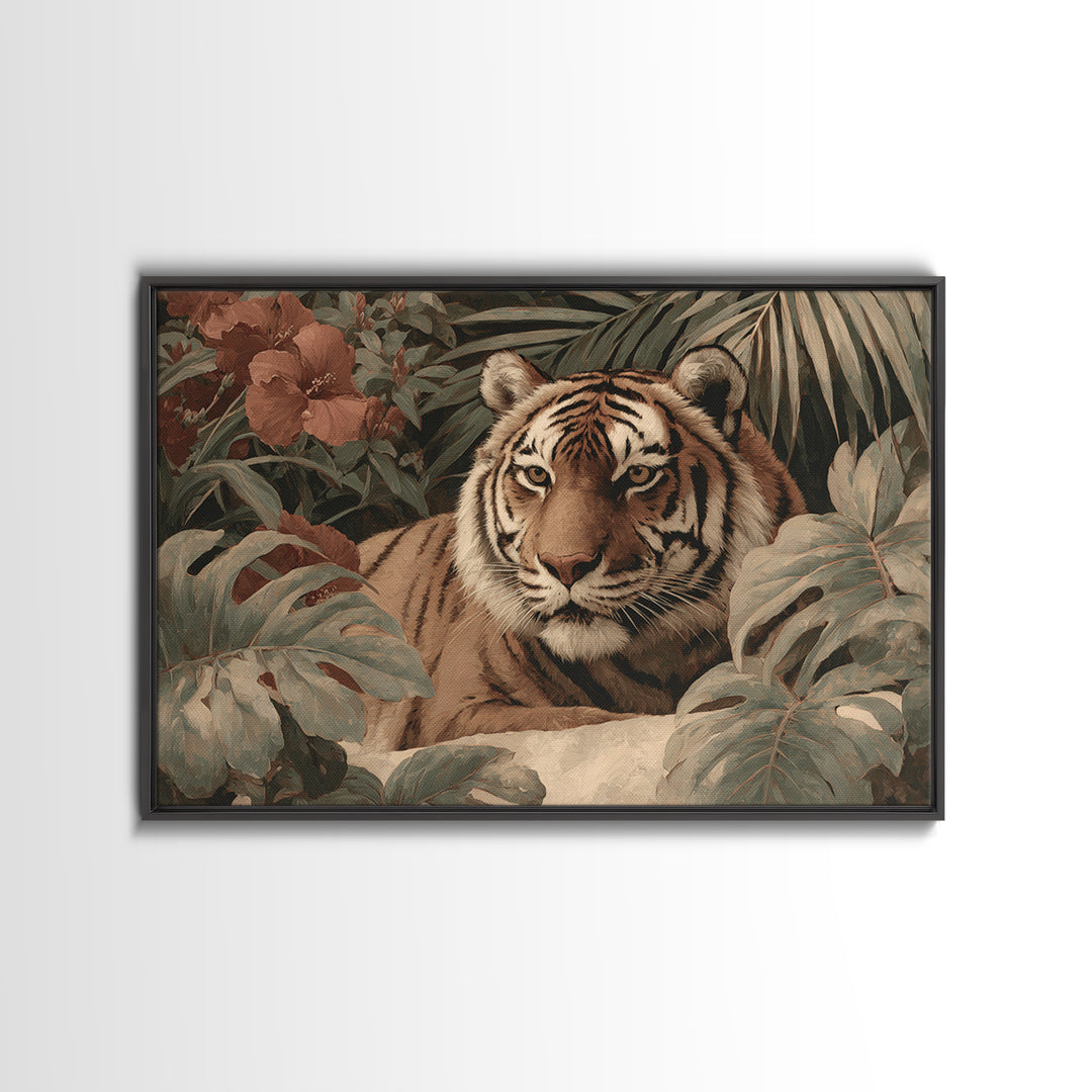 Bold Patterned Tiger Surrounded by Tropical Leaves Canvas Print, Maximalist Art, Modern Wall Art, Living Room Decor, Maximal, MAX-3x2-30