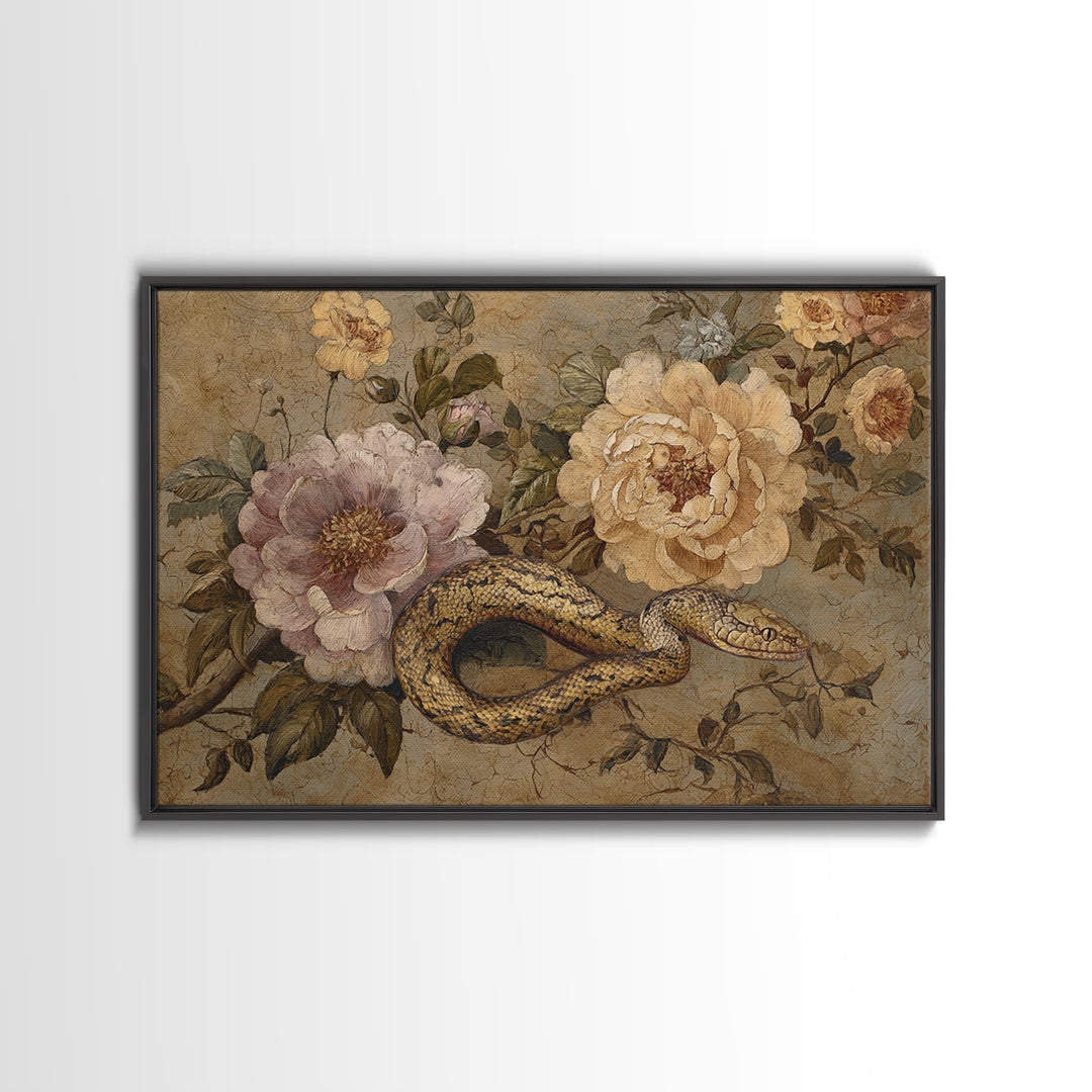 Highly Patterned Snake and Flower Composition Framed Canvas Print, Maximalist Art, Trendy Wall Art, Living Room Decor, Maximal, MAX-3x2-65