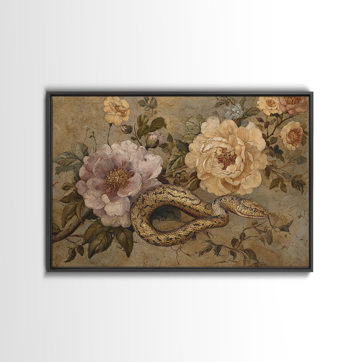 Highly Patterned Snake and Flower Composition Framed Canvas Print, Maximalist Art, Trendy Wall Art, Living Room Decor, Maximal, MAX-3x2-65