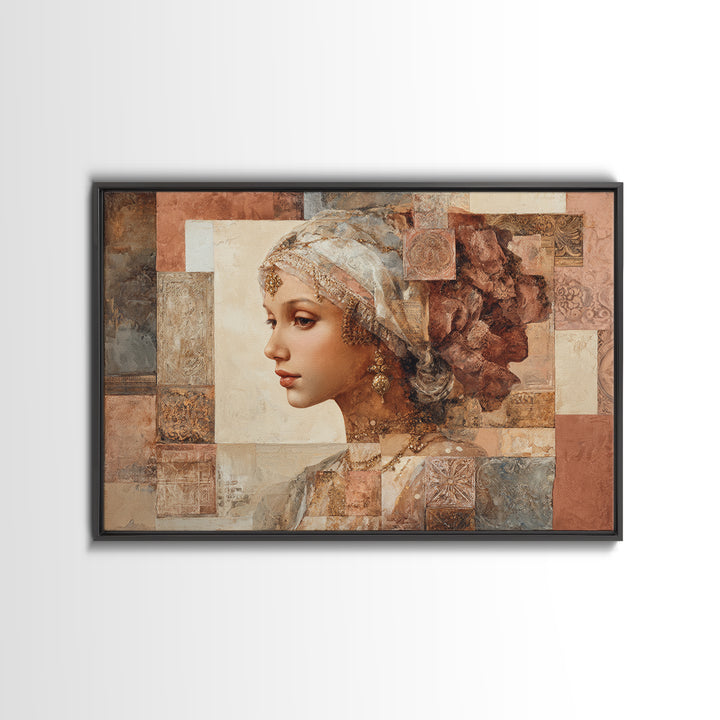 Ornate Portrait with Layered Textiles and Jewels Framed Canvas Print, Maximalist Art, Home Decor, Living Room Decor, Maximal, MAX-3x2-80