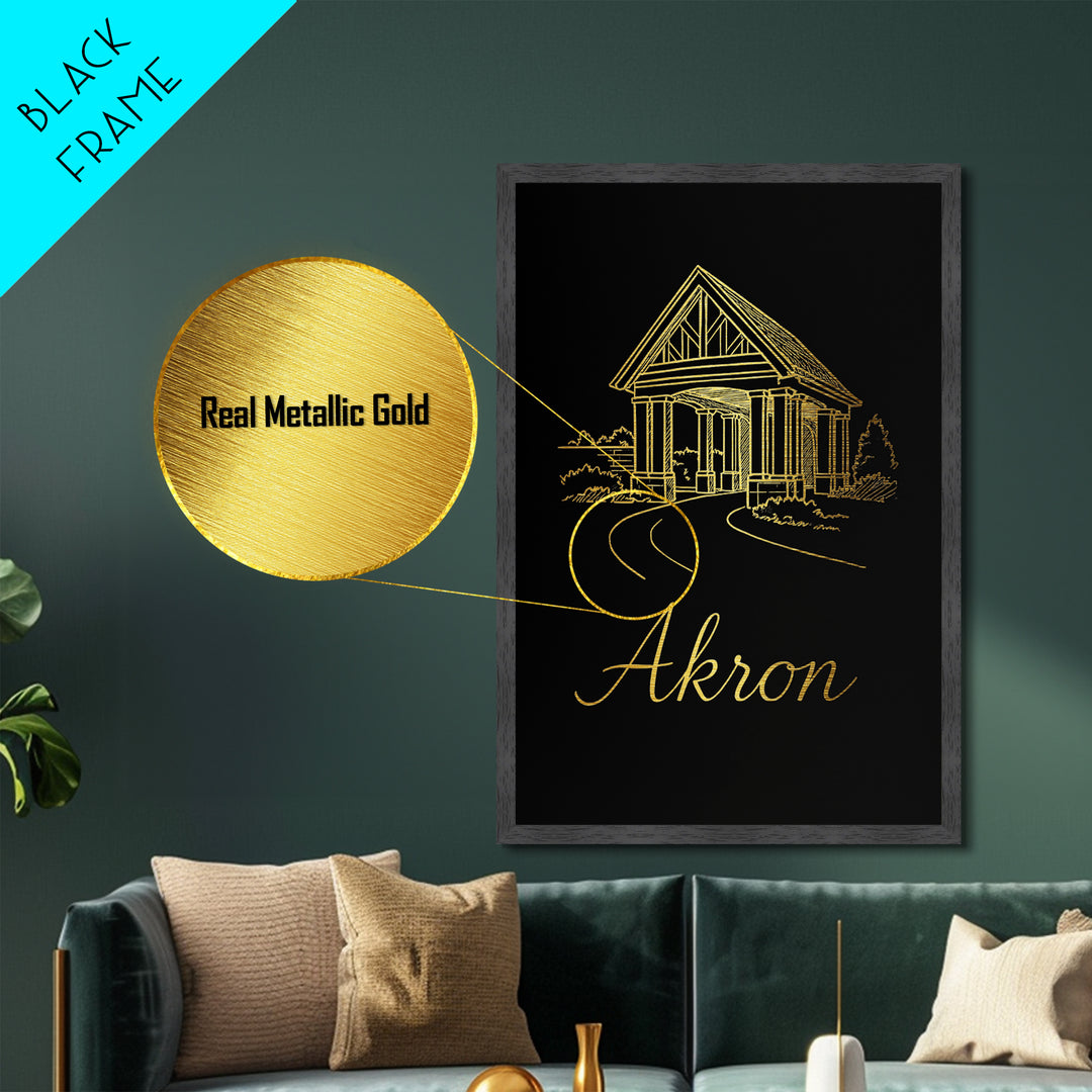 Akron Ohio Art, Metallic Gold Print, Wood Framed Art, Metal Art, Office Decor, Traveler Gift, College Dorm Décor