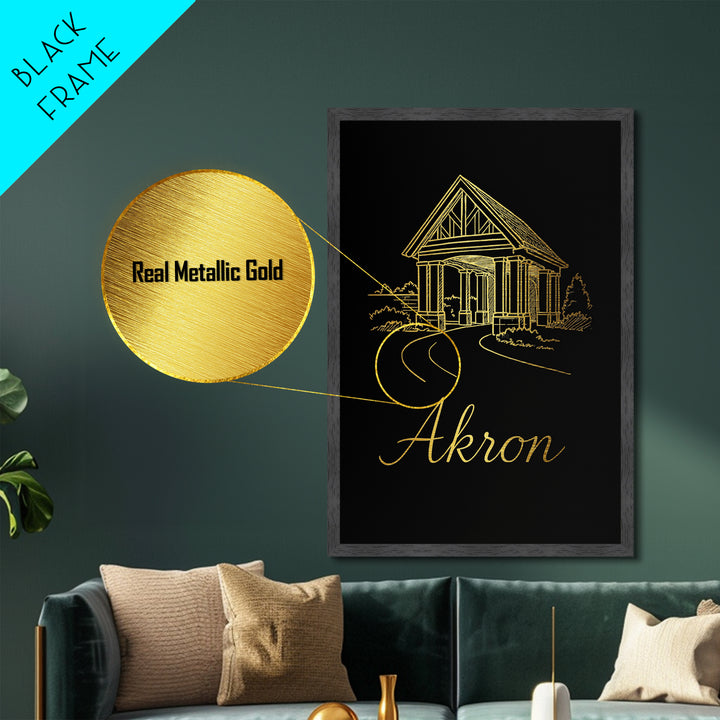 Akron Ohio Art, Metallic Gold Print, Wood Framed Art, Metal Art, Office Decor, Traveler Gift, College Dorm Décor