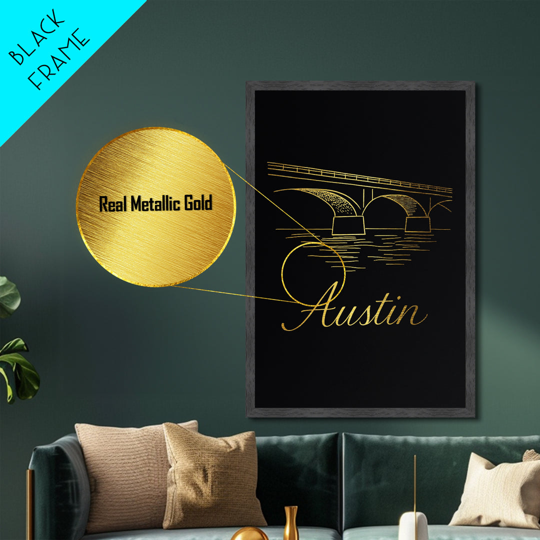 Austin Texas Travel, Metallic Gold Art, Wood Framed Art, Metal Art, Office Decor, Retirement Travel Gift, Dorm Room Décor