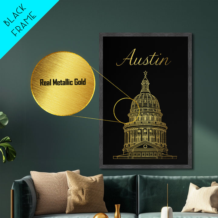 Austin Texas Art, Metallic Gold Print, Wood Framed Art, Metal Art, Modern Wall Art, Traveler Gift, Adventure Lover Gift