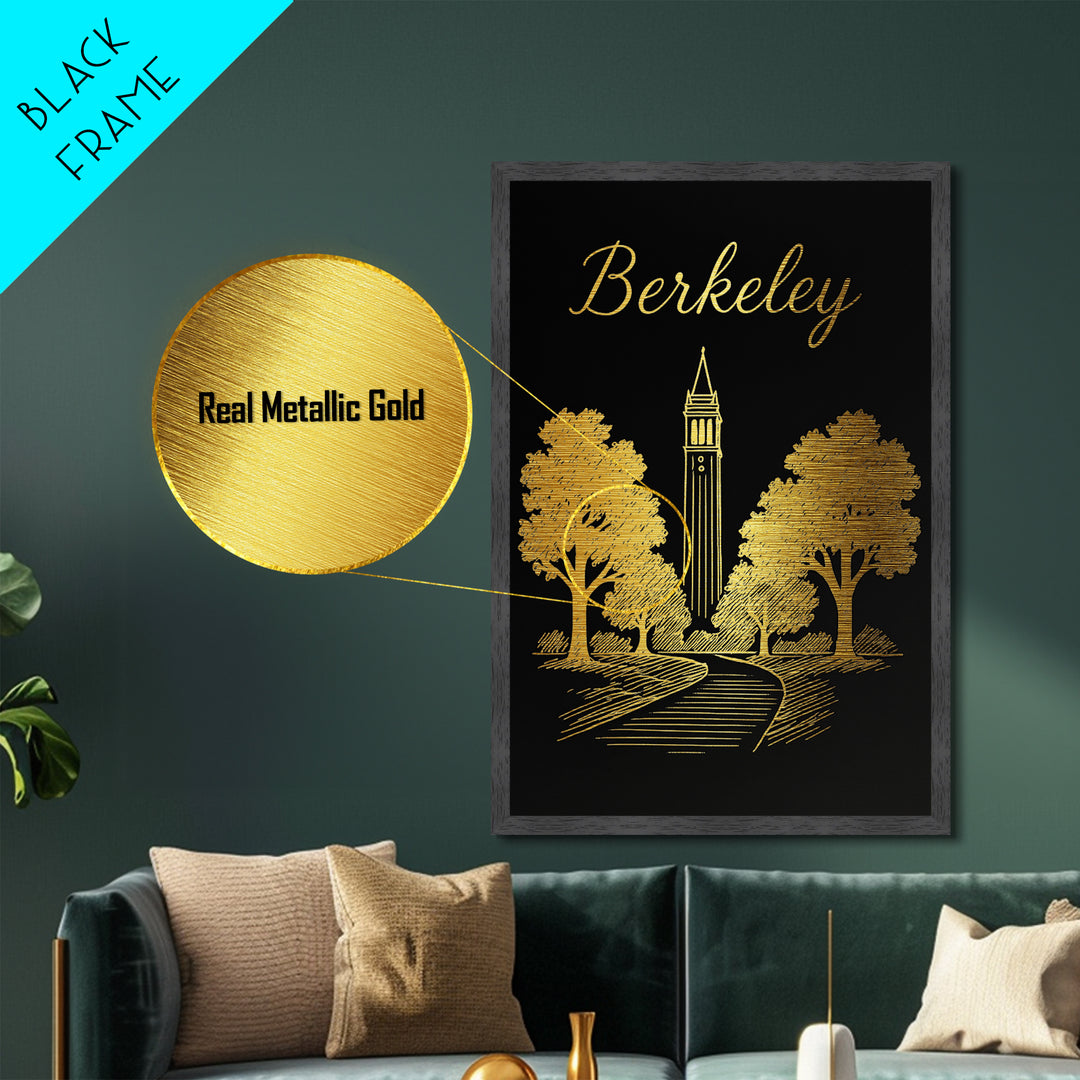 Berkeley California Art, Metallic Gold Print, Wood Framed Art, Metal Art, Minimalist Wall Art, Birthday Travel Gift, Anniversary Travel Gift