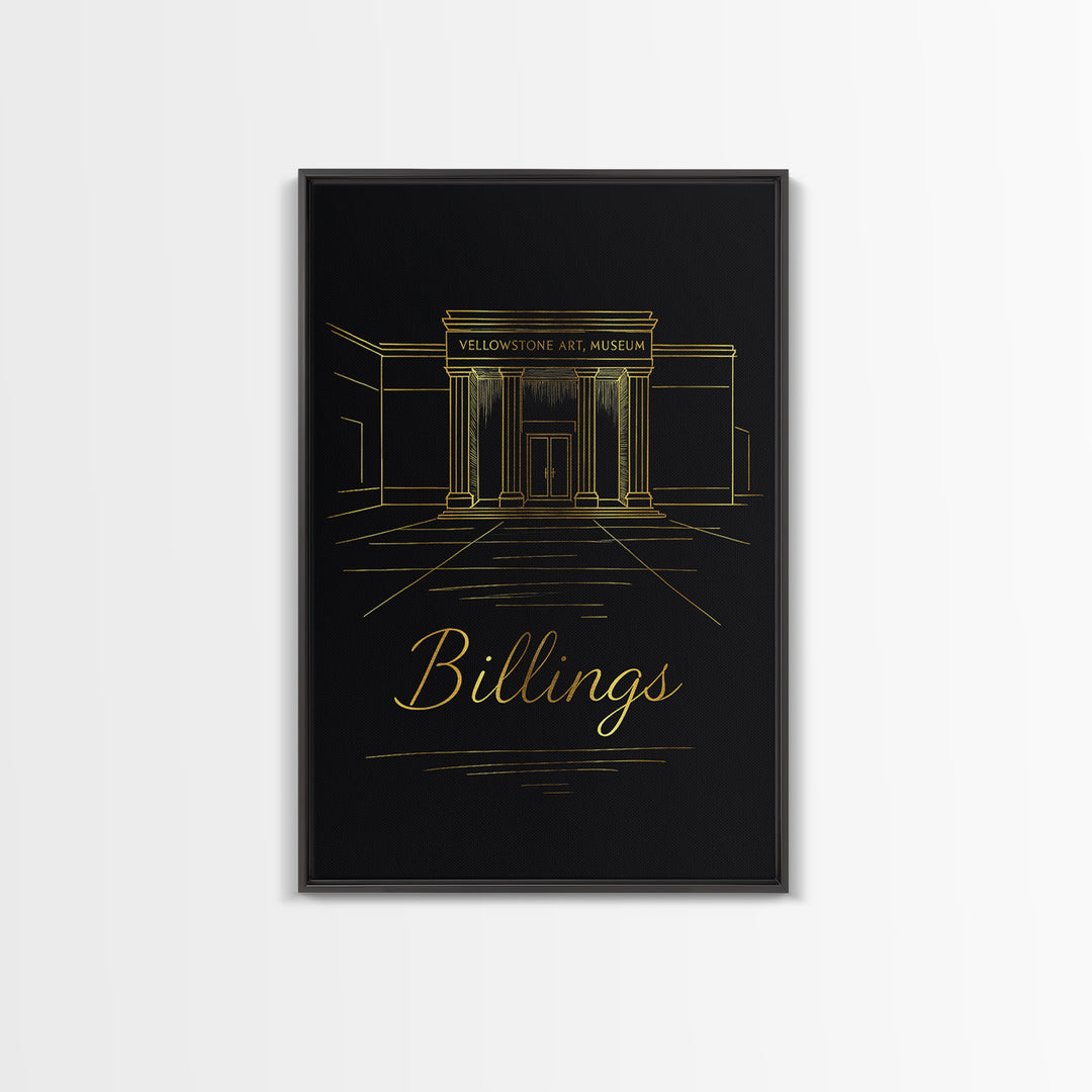 Billings Travel Poster, Framed Canvas Print, Black Gold Minimalist Art, Billings Wall Art, Retro Travel Print, Vintage City Art