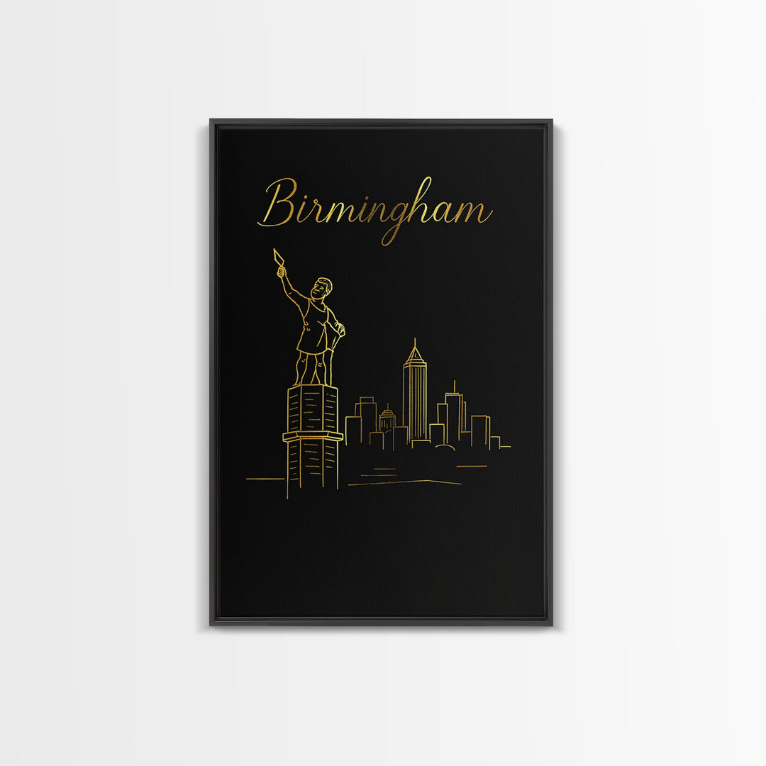 Birmingham Alabama Travel Poster, Canvas Print, Black Gold Minimalist Art, Birmingham Wall Art, Vintage Travel Art, Living Room Wall Art