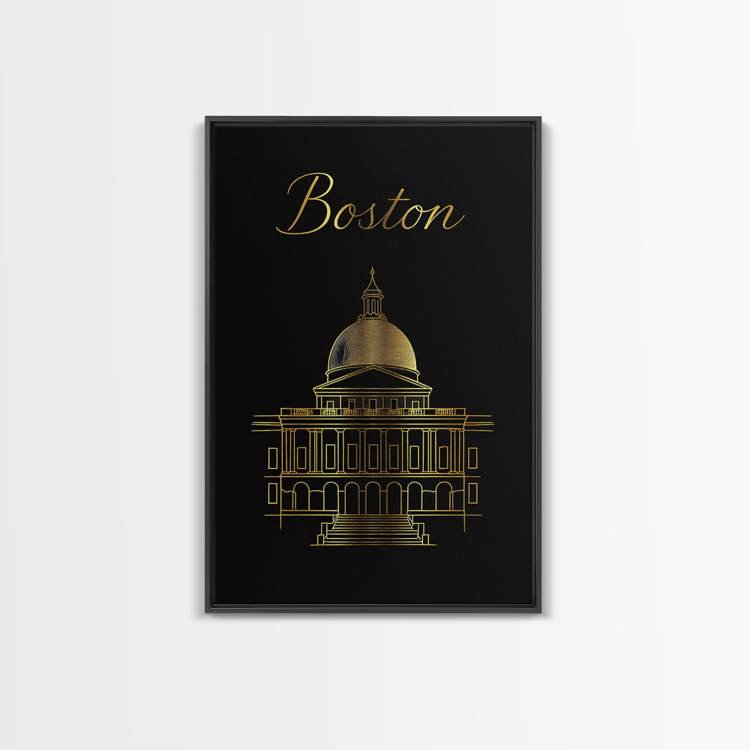 Boston Massachusetts Travel Poster, Canvas Print, Minimalist Gold Line Art, Boston City Art, Fine Art Print, Wall Art, Travel Gift