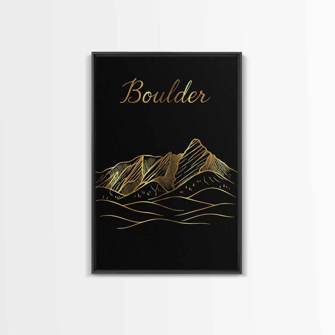 Boulder Travel Poster, Canvas Print, Gold Outline Poster Art, Boulder Art Print, Travel Wall Decor, Home Office Decor, Eclectic Wall Decor