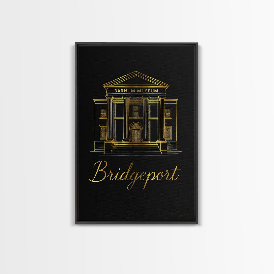 Bridgeport Travel Poster, Framed Canvas Print, Gold Outline Poster Art, Bridgeport Art Print, Mid Century Wall Art, Vintage City Art