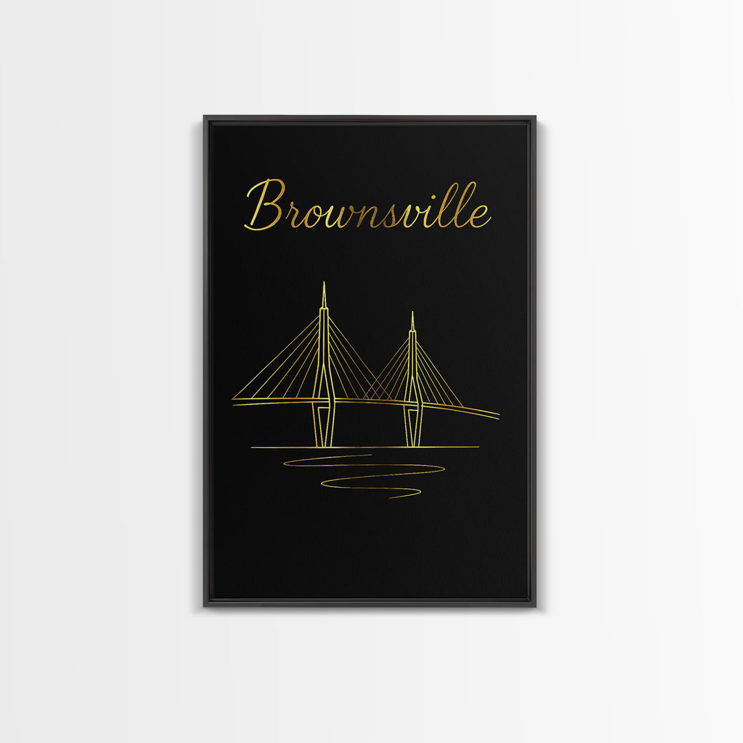 Brownsville Texas Travel Poster, Framed Canvas Print, Gold Outline Poster Art, Brownsville Poster Print, Eclectic Wall Decor, Fine Art Print