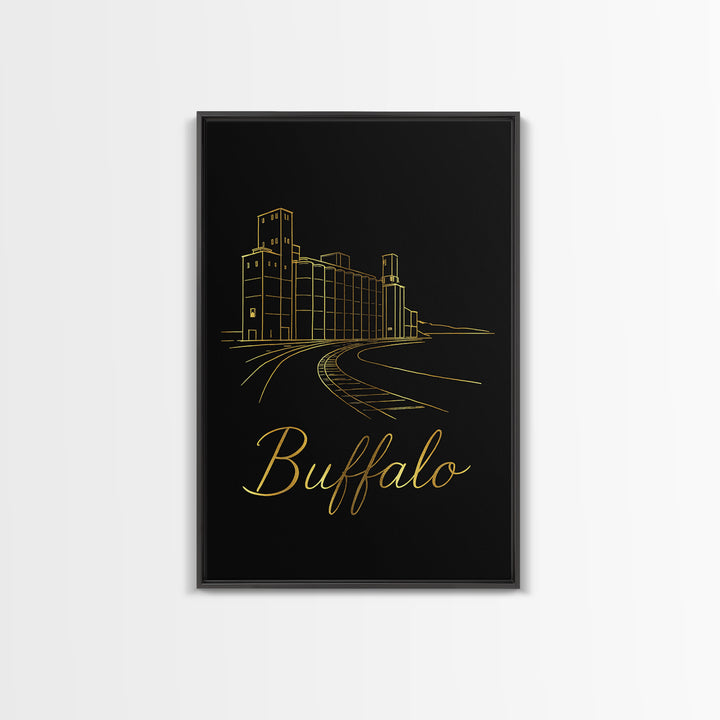 Buffalo Travel Poster, Framed Canvas Print, Gold Outline Poster Art, Buffalo City Art, Mid Century Wall Art, Travel Poster Set