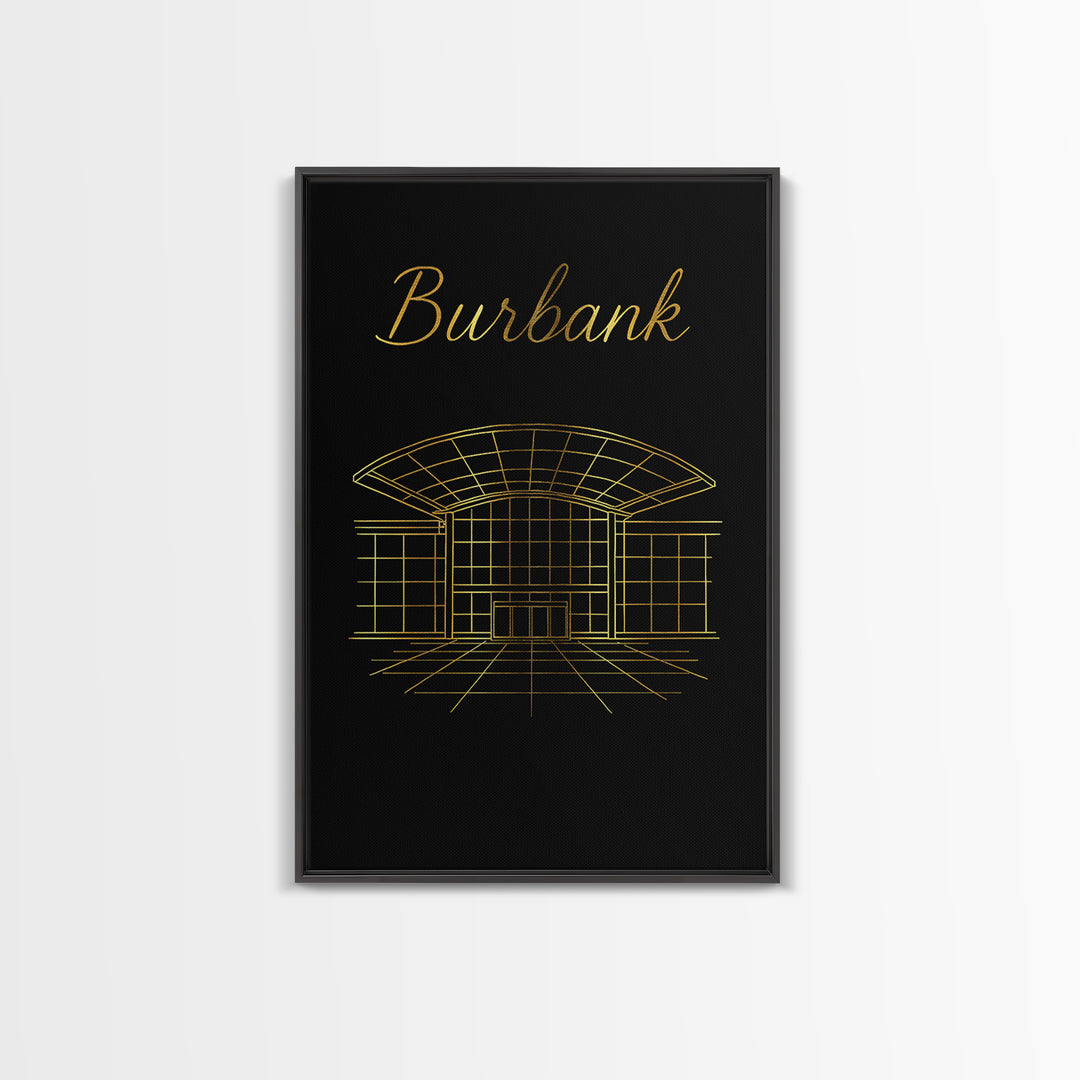 Burbank California Travel Poster, Framed Canvas Print, Gold Outline Poster Art, Burbank Poster Print, Travel Wall Art, Living Room Wall Art