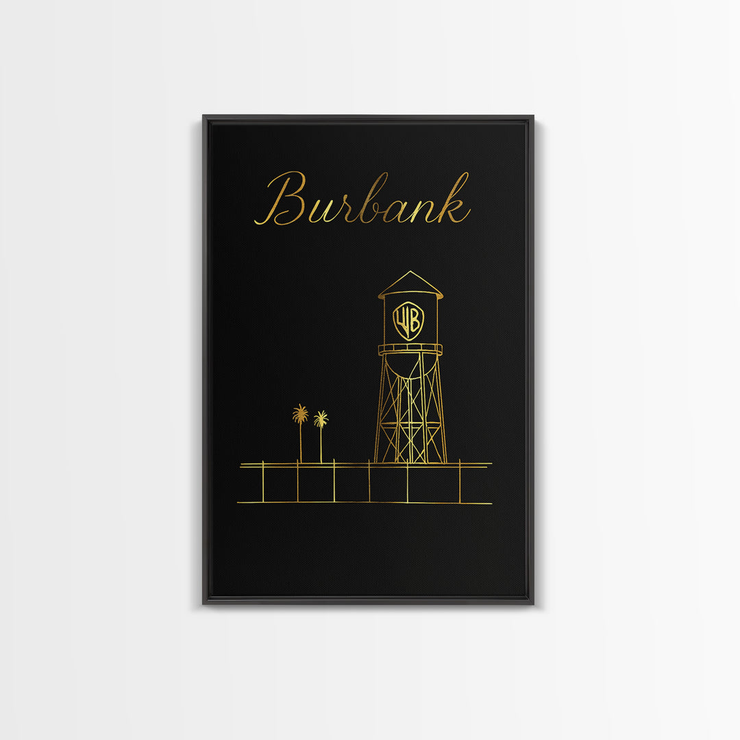 Burbank Travel Poster, Framed Canvas Print, Gold Outline Poster Art, Burbank Wall Art, Vintage City Poster, Retro Travel Print