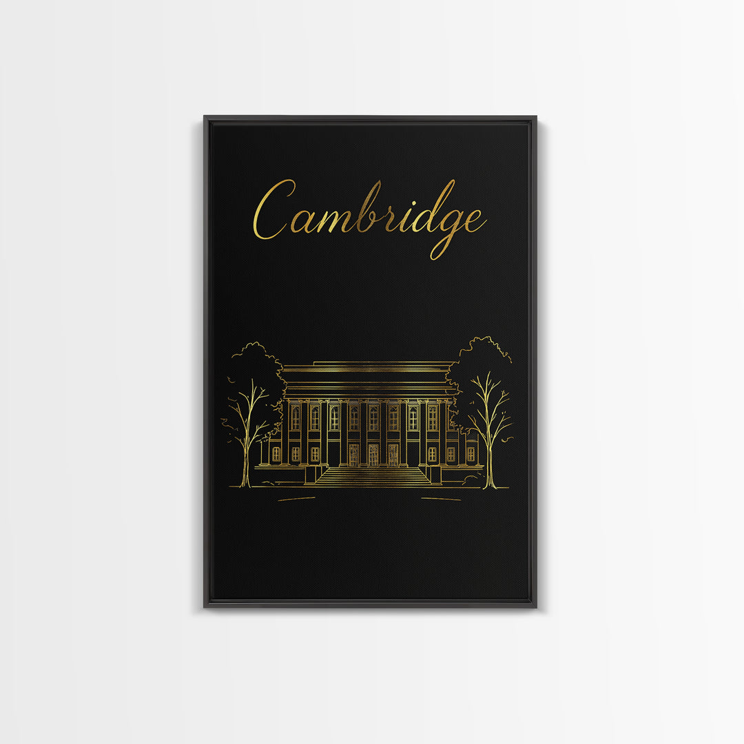 Cambridge Travel Poster, Framed Canvas Print, Black Gold Minimalist Art, Cambridge City Art, Retro Travel Print, Travel Wall Decor