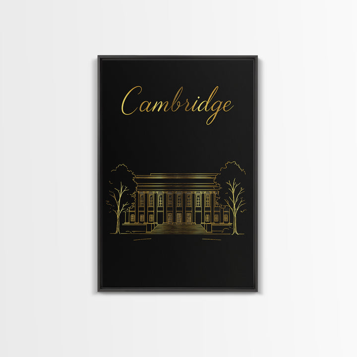 Cambridge Travel Poster, Framed Canvas Print, Black Gold Minimalist Art, Cambridge City Art, Retro Travel Print, Travel Wall Decor