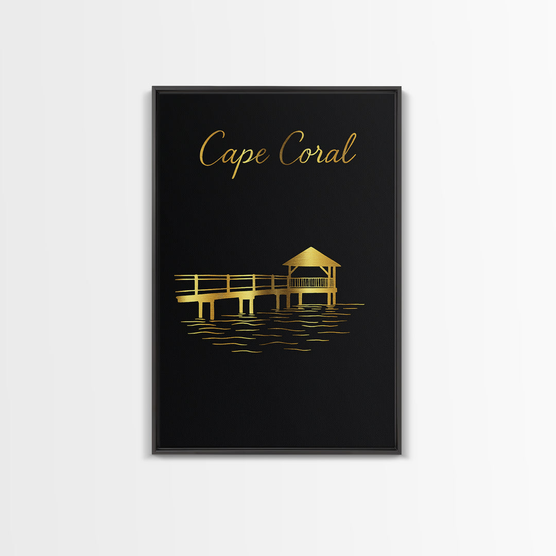 Cape Coral Florida Travel Poster, Canvas Print, Black Gold Minimalist Art, Cape Coral Poster Print, Mid Century Wall Art, Travel Wall Decor