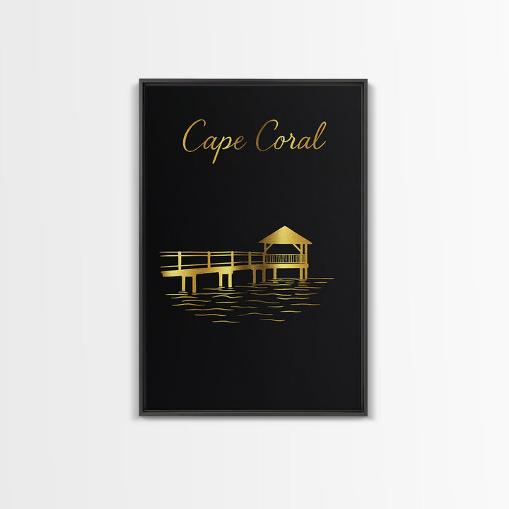 Cape Coral Florida Travel Poster, Canvas Print, Black Gold Minimalist Art, Cape Coral Poster Print, Mid Century Wall Art, Travel Wall Decor
