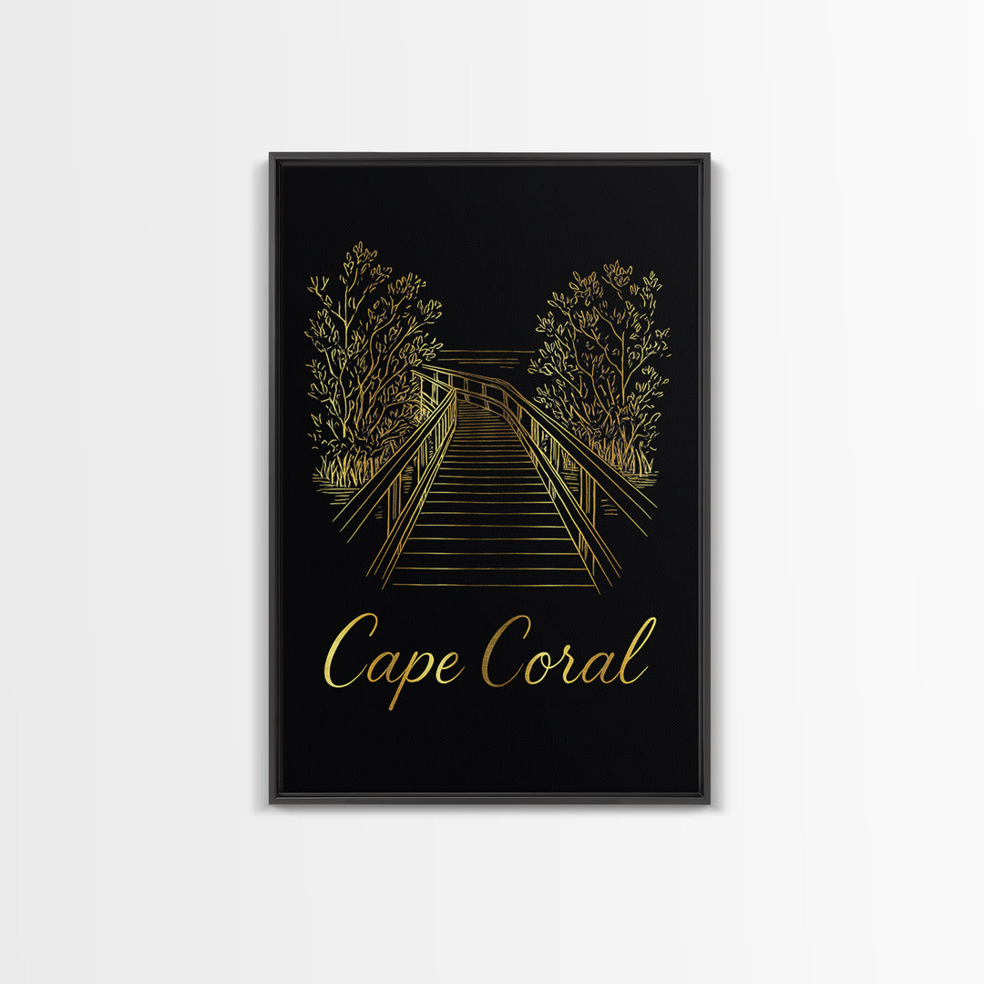 Cape Coral Travel Poster, Framed Canvas Print, Gold Outline Poster Art, Cape Coral Travel Art, Travel Wall Decor, Modern Wall Decor