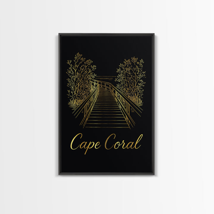 Cape Coral Travel Poster, Framed Canvas Print, Gold Outline Poster Art, Cape Coral Travel Art, Travel Wall Decor, Modern Wall Decor