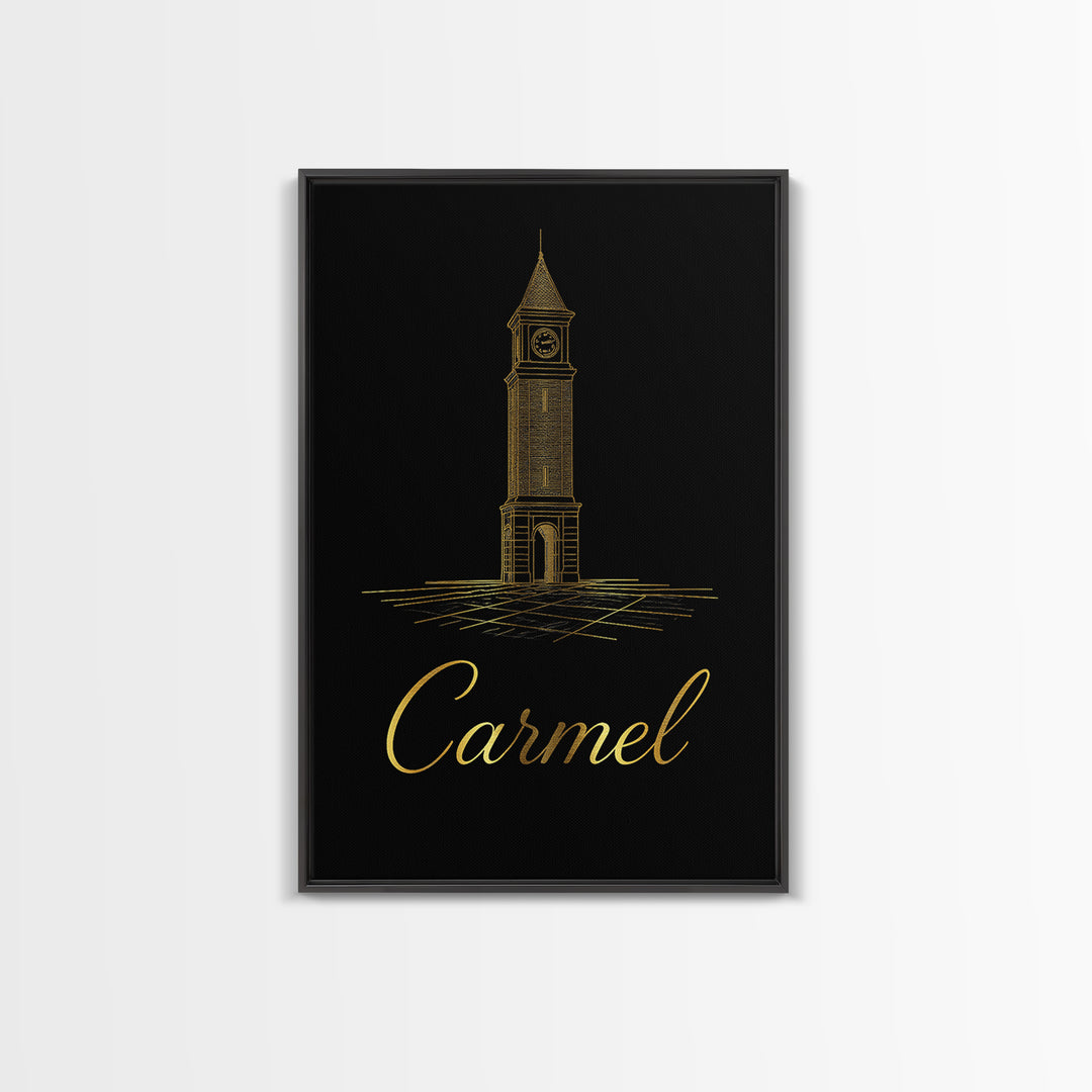 Carmel Travel Poster, Framed Canvas Print, Gold Outline Poster Art, Carmel Poster Print, Modern Wall Decor, Eclectic Wall Decor