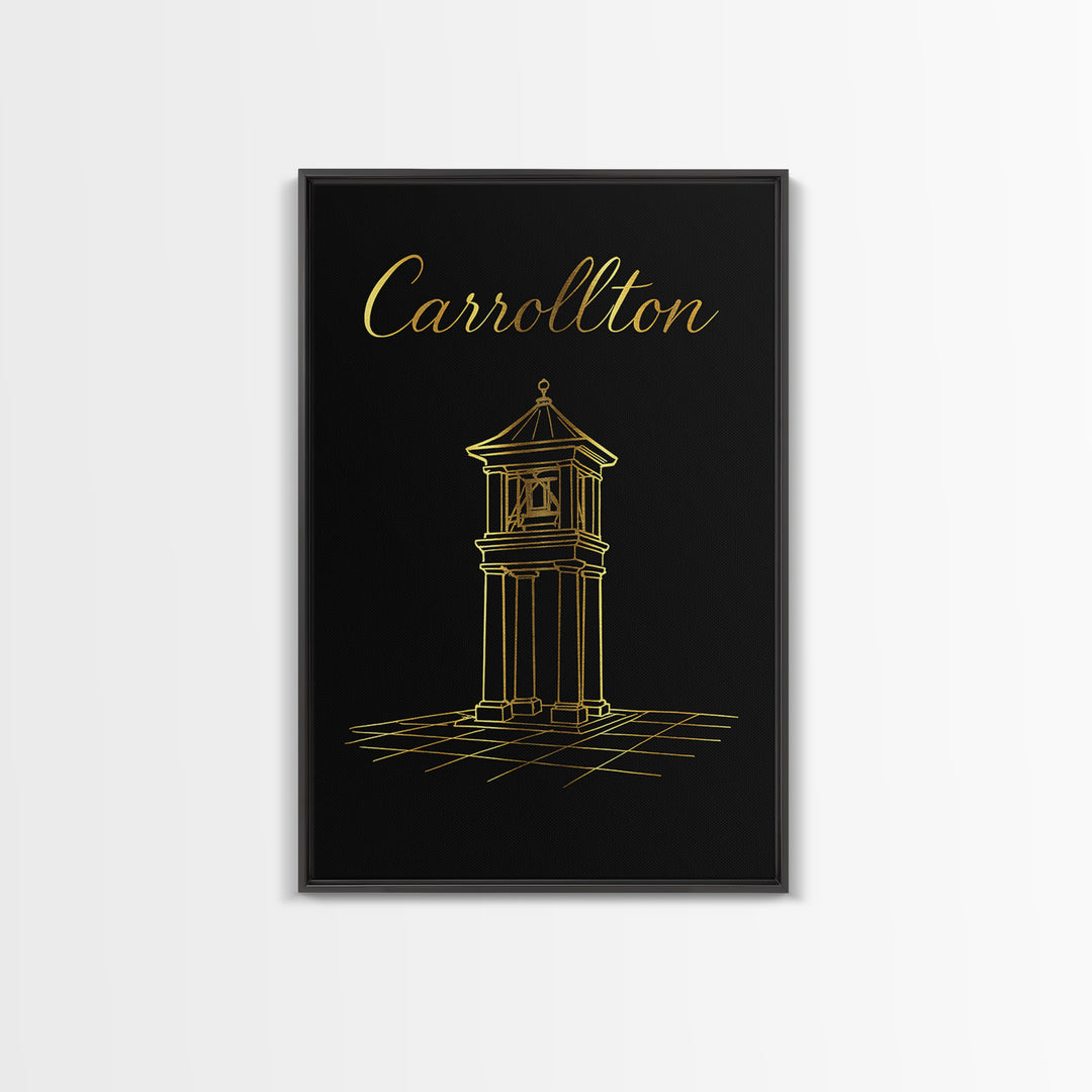 Carrollton Travel Poster, Framed Canvas Print, Gold Outline Poster Art, Carrollton City Art, Vintage Travel Print, City Art Print
