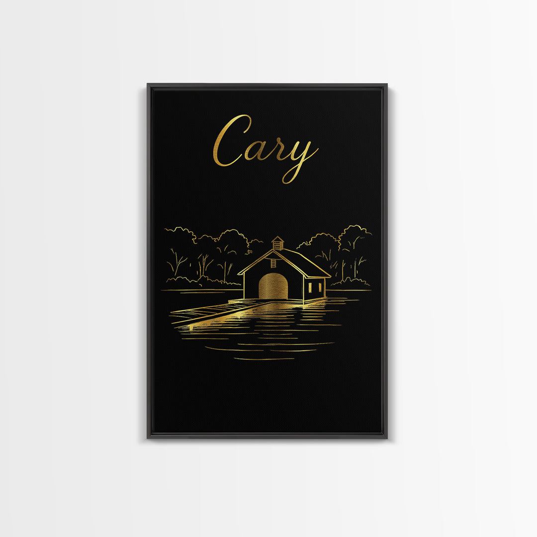 Cary North Carolina Travel Poster, Canvas Print, Gold Outline Poster Art, Cary Wall Art, Vintage City Poster, Skyline Art, Vintage City Art