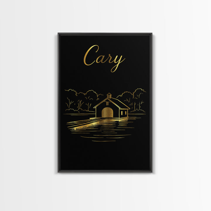 Cary North Carolina Travel Poster, Canvas Print, Gold Outline Poster Art, Cary Wall Art, Vintage City Poster, Skyline Art, Vintage City Art