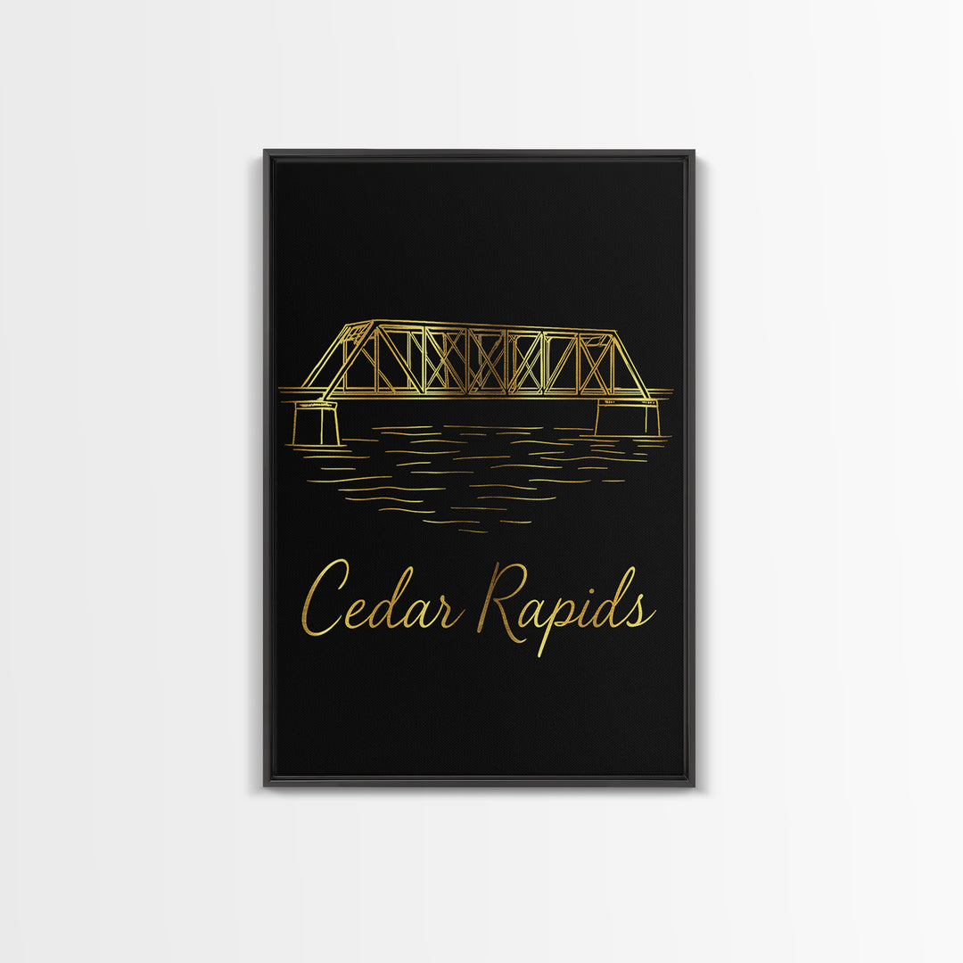 Cedar Rapids Iowa Travel Poster, Canvas Print, Gold Outline Poster Art, Cedar Rapids Wall Art, Gift For Travelers, Wanderlust Decor