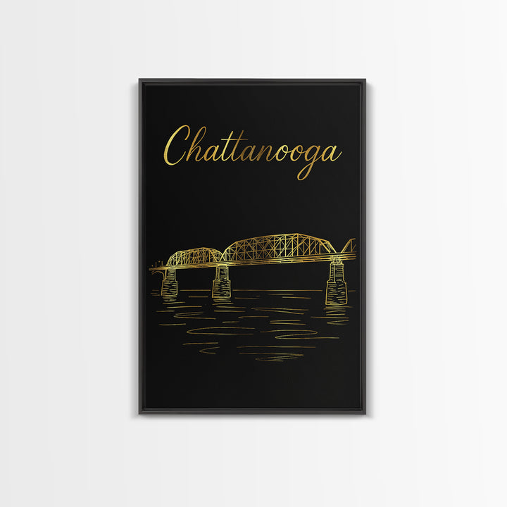 Chattanooga Tennessee Travel Poster, Canvas Print, Gold Outline Poster Art, Chattanooga Wall Art, Mid Century Wall Art, Travel Art Print