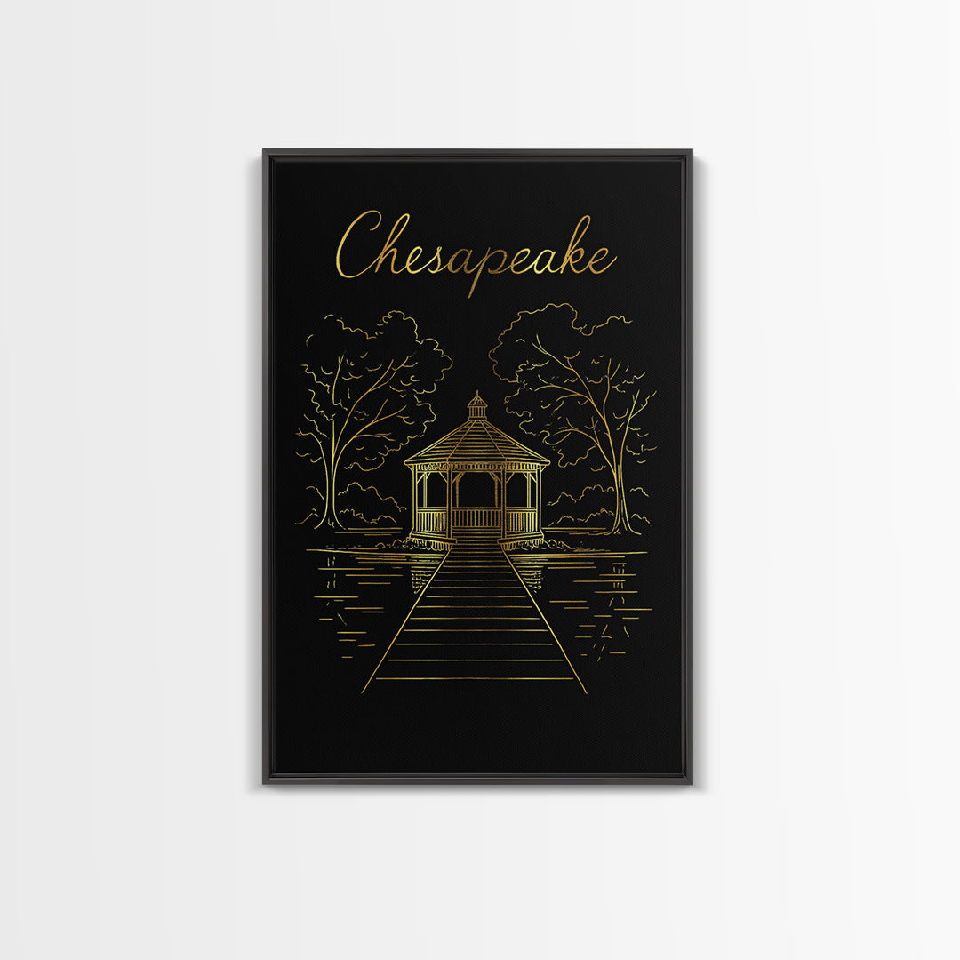 Chesapeake Travel Poster, Framed Canvas Print, Black Gold Minimalist Art, Chesapeake Art Print, Eclectic Wall Decor, Gift For Travelers