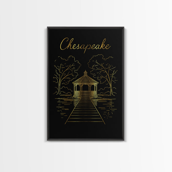 Chesapeake Travel Poster, Framed Canvas Print, Black Gold Minimalist Art, Chesapeake Art Print, Eclectic Wall Decor, Gift For Travelers