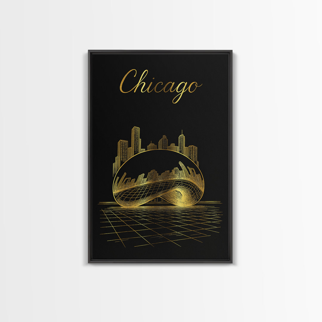 Chicago Illinois Travel Poster, Framed Canvas Print, Gold Outline Poster Art, Chicago Travel Art, Gift For Travelers, Retro Travel Print