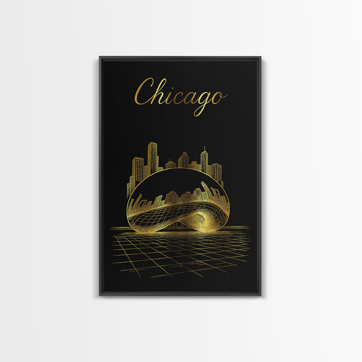 Chicago Illinois Travel Poster, Framed Canvas Print, Gold Outline Poster Art, Chicago Travel Art, Gift For Travelers, Retro Travel Print