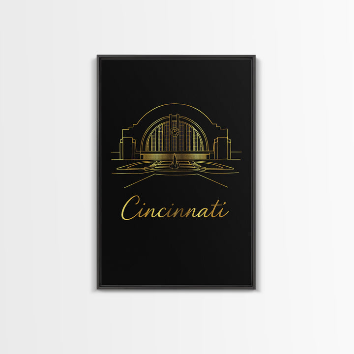 Cincinnati Ohio Travel Poster, Framed Canvas Print, Black Gold Minimalist Art, Cincinnati City Art, Fine Art Print, Living Room Wall Art