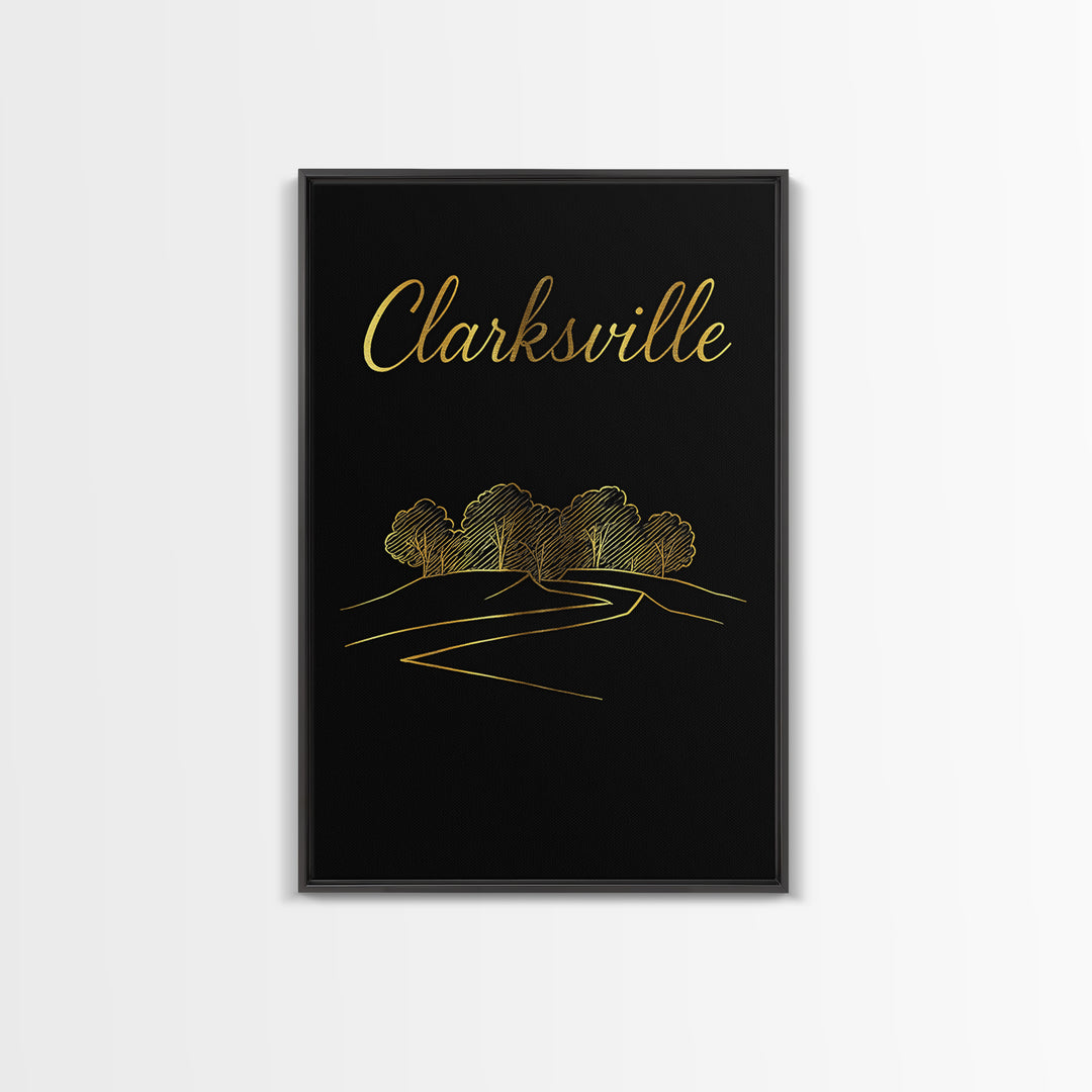 Clarksville Tennessee Travel Poster, Framed Canvas Print, Minimalist Gold Line Art, Clarksville City Art, City Art Print, Wanderlust Decor