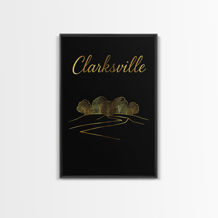 Clarksville Tennessee Travel Poster, Framed Canvas Print, Minimalist Gold Line Art, Clarksville City Art, City Art Print, Wanderlust Decor