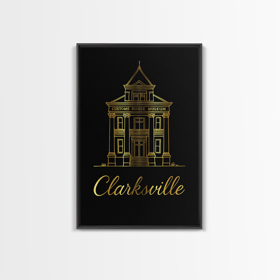 Clarksville Travel Poster, Framed Canvas Print, Gold Outline Poster Art, Clarksville Poster Print, Vintage City Art, Retro Travel Print