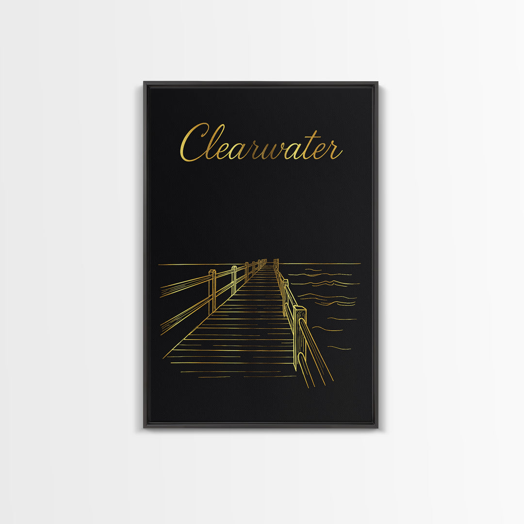 Clearwater Travel Poster, Framed Canvas Print, Gold Outline Poster Art, Clearwater Wall Art, Travel Poster Set, Modern Wall Decor